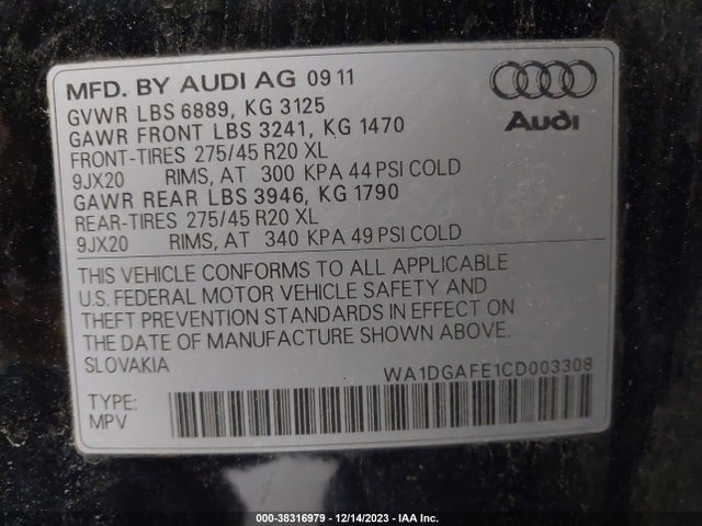 2012 AUDI Q7 3.0T S LINE PRESTIGE VIN: WA1DGAFE1CD003308