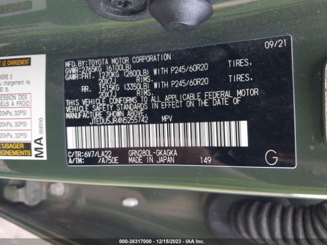 2022 TOYOTA 4RUNNER JTEDU5JR4N5255742 Photo 8
