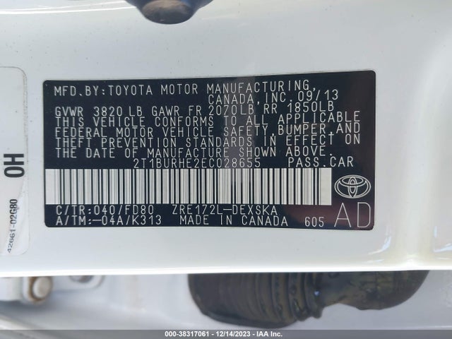 2014 TOYOTA COROLLA S PLUS VIN: 2T1BURHE2EC028655