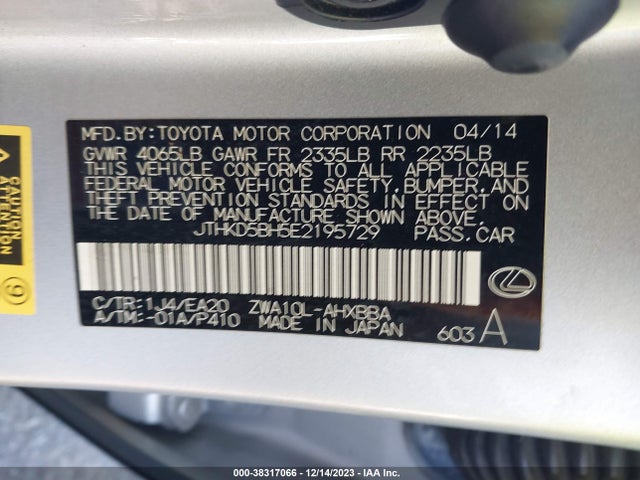 JTHKD5BH5E2195729 Lexus CT 200H