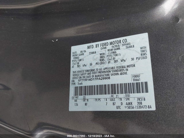 2007 FORD RANGER STX/XL/XLT VIN: 1FTYR14D17PA29908