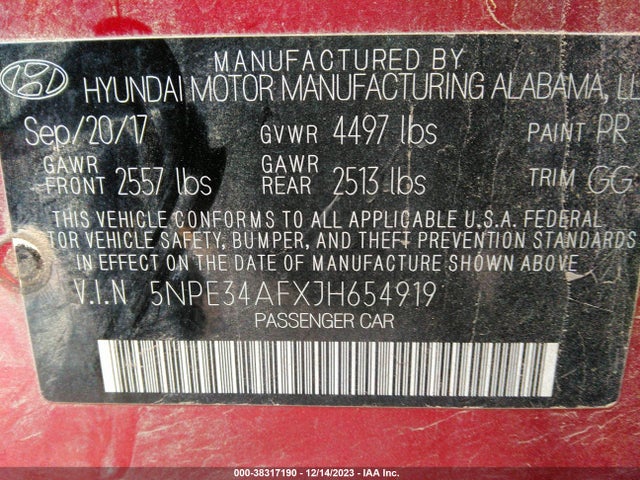 2018 HYUNDAI SONATA SEL VIN: 5NPE34AFXJH654919