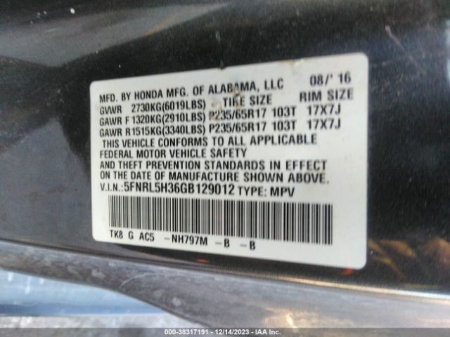 5FNRL5H36GB129012 Honda ODYSSEY SE