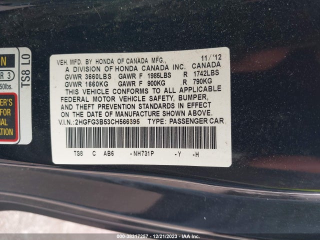 2012 HONDA CIVIC LX VIN: 2HGFG3B53CH566395