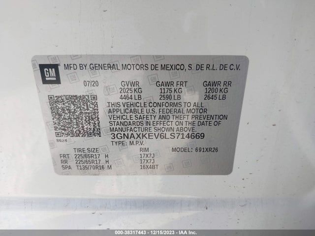 2020 CHEVROLET EQUINOX FWD LT 1.5L TURBO VIN: 3GNAXKEV6LS714669
