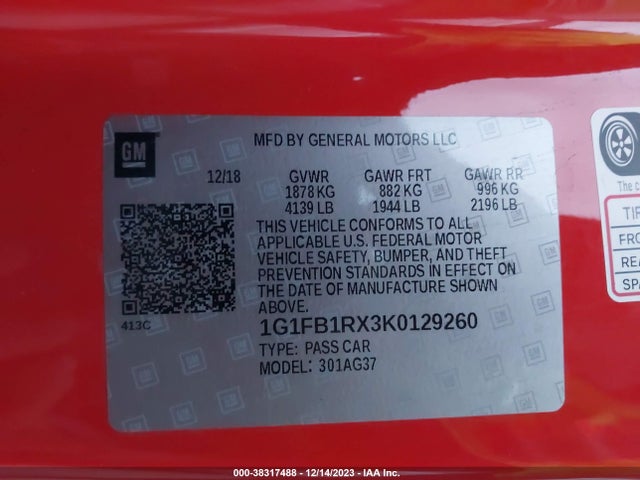 Chevrolet Camaro 1lt 2019 1G1FB1RX3K0129260 Image 9