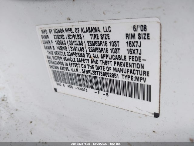 2008 HONDA ODYSSEY EX-L VIN: 5FNRL38778B092951