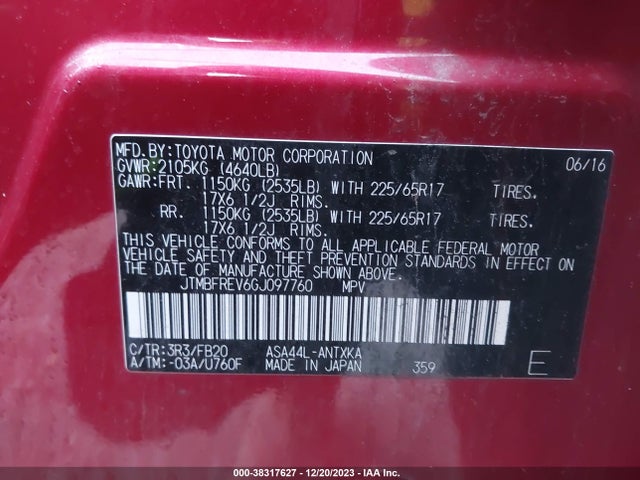 2016 TOYOTA RAV4 LE VIN: JTMBFREV6GJ097760