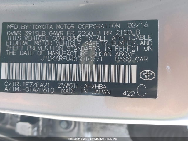 Aukcja sprzedaży 2016 Toyota Prius Three Touring, vin: JTDKARFU4G3010771, numer aukcji: 38317680