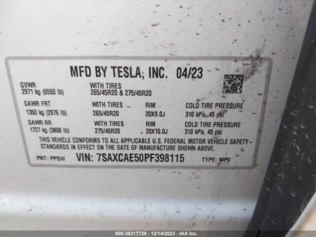 7SAXCAE50PF398115 Tesla Model X Dual Motor All-wheel Drive/standard Range