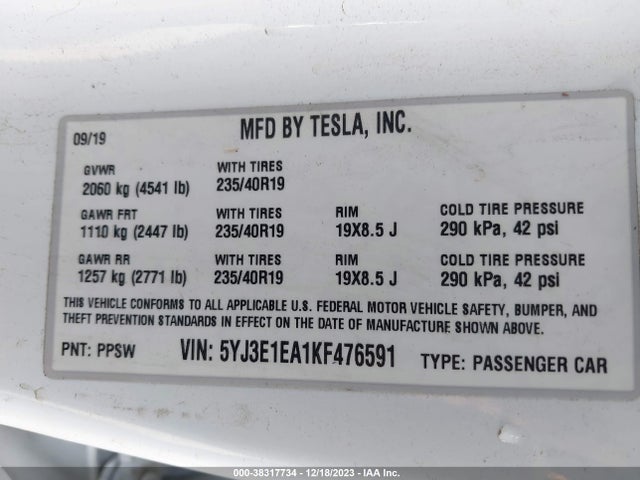 Tesla Model 3 Long Range/mid Range/standard Range/standard Range Plus 2019 5YJ3E1EA1KF476591 Image 9