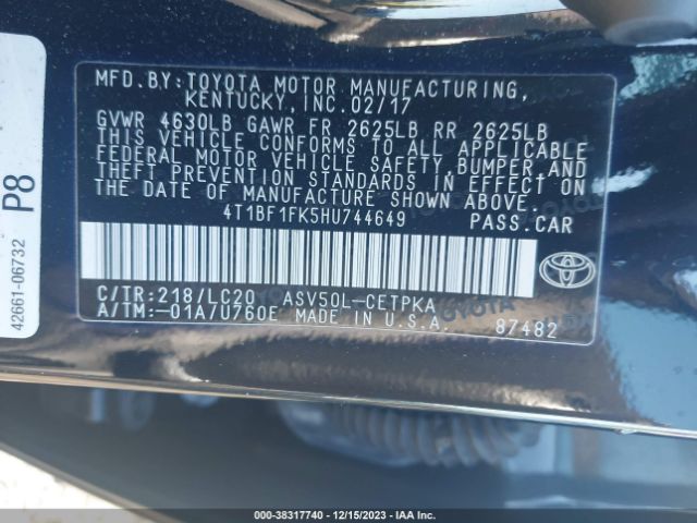 4T1BF1FK5HU744649 Toyota CAMRY XSE