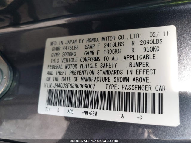 2011 ACURA TSX 2.4 VIN: JH4CU2F68BC009067