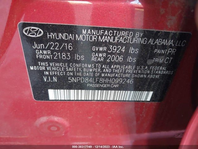 2017 HYUNDAI ELANTRA LIMITED VIN: 5NPD84LF8HH099246
