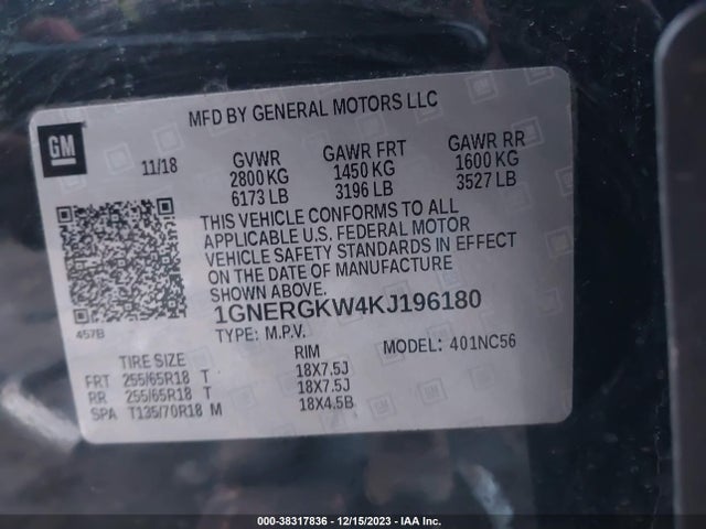 Chevrolet Traverse 1lt 2019 1GNERGKW4KJ196180 Image 9