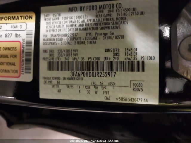 2018 FORD FUSION SE VIN: 3FA6P0HD0JR252917