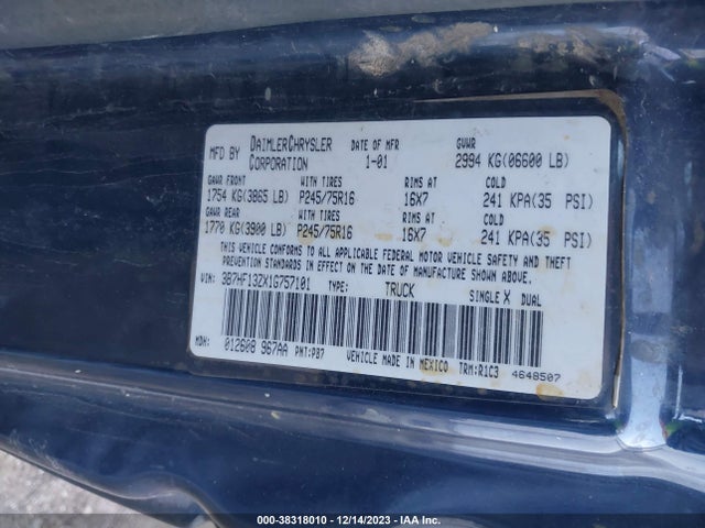 2001 DODGE RAM 1500 ST VIN: 3B7HF13ZX1G757101