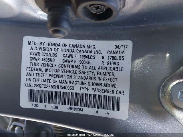 2017 HONDA CIVIC LX VIN: 2HGFC2F50HH540960