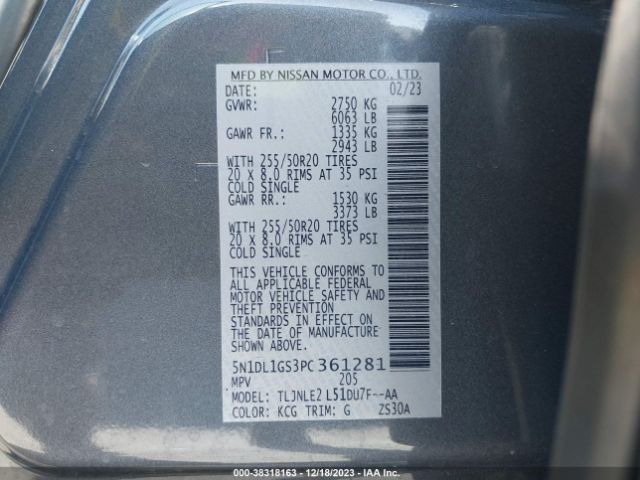 5N1DL1GS3PC361281 Infiniti Qx60 Sensory Awd