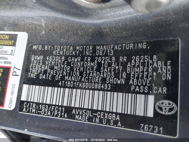 38318276 :رقم المزاد ، 4T1BD1FK6DU088493 vin ، 2013 Toyota Camry Hybrid Xle مزاد بيع