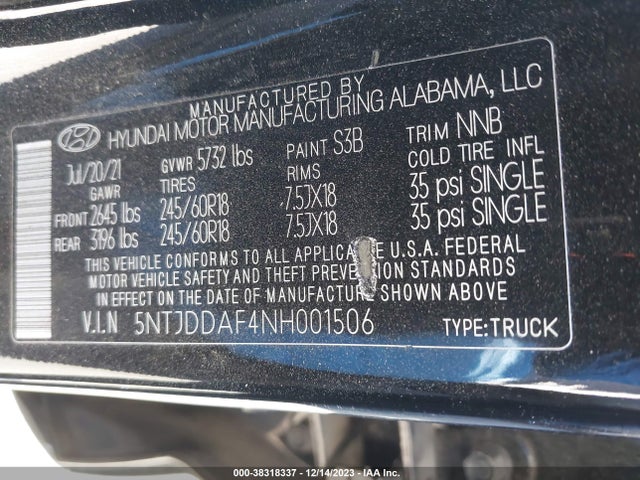 2022 HYUNDAI SANTA CRUZ SEL PREMIUM VIN: 5NTJDDAF4NH001506