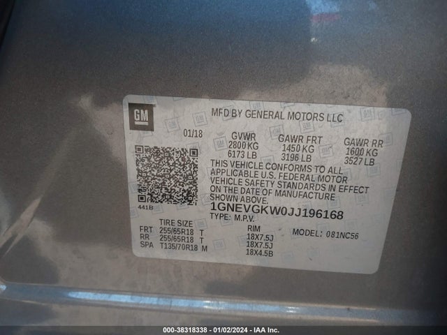 Chevrolet Traverse 1lt 2018 1GNEVGKW0JJ196168 Image 9