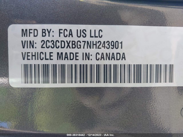 2022 DODGE CHARGER SXT RWD VIN: 2C3CDXBG7NH243901