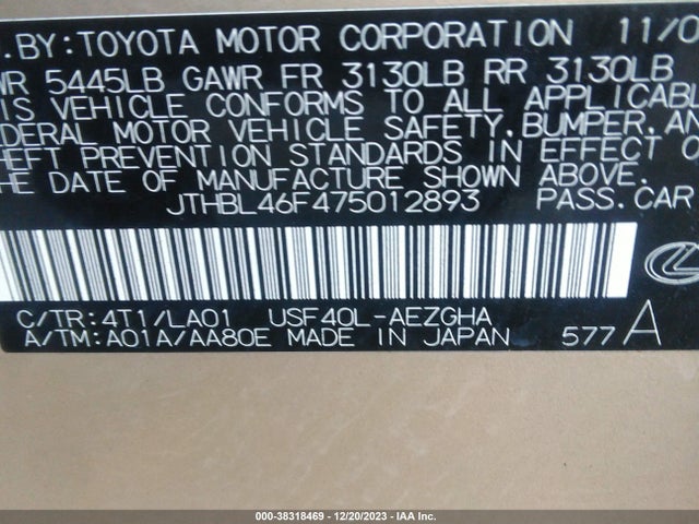 2007 LEXUS LS 460 VIN: JTHBL46F475012893