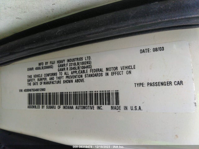 2004 SUBARU OUTBACK VIN: 4S3BH675546612963
