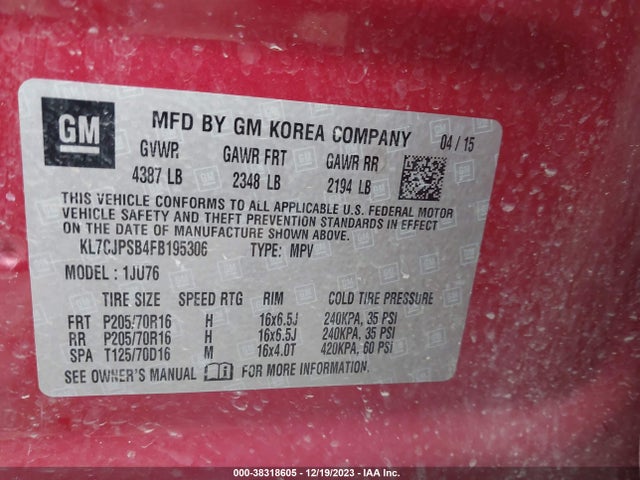 Chevrolet Trax 1ls 2015 KL7CJPSB4FB195306 Image 9