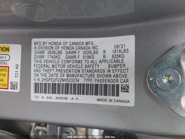 2022 HONDA CIVIC LX VIN: 2HGFE2F22NH523234