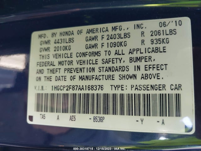 2010 HONDA ACCORD 2.4 EX-L VIN: 1HGCP2F87AA168376