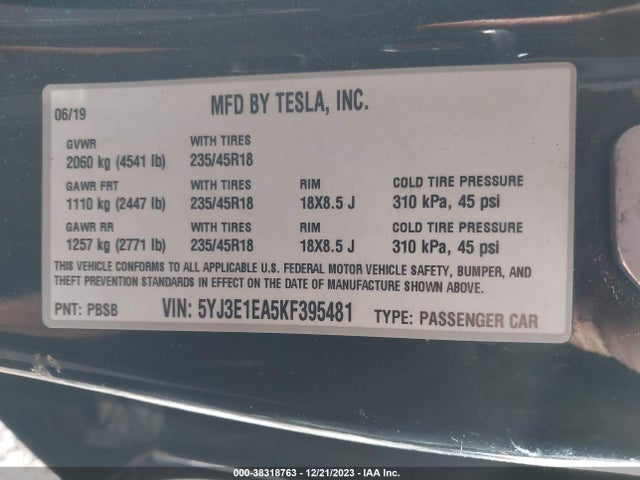 Tesla Model 3 Long Range/mid Range/standard Range/standard Range Plus 2019 5YJ3E1EA5KF395481 Image 9