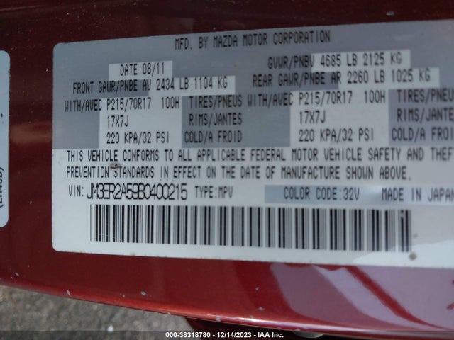 2011 MAZDA CX-7 I SV VIN: JM3ER2A59B0400215