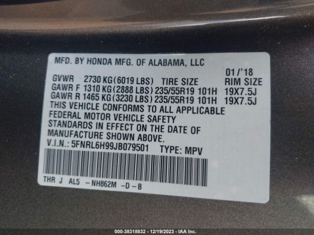 5FNRL6H99JB079501 Honda Odyssey Elite