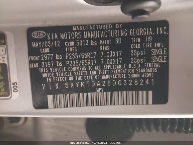 2013 KIA SORENTO LX V6 VIN: 5XYKTDA26DG328241