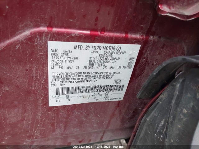 2015 FORD EDGE TITANIUM VIN: 2FMPK4K80FBB58327