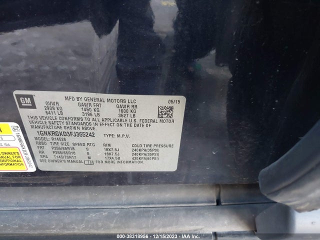Chevrolet Traverse 1lt 2015 1GNKRGKD3FJ365242 Image 9