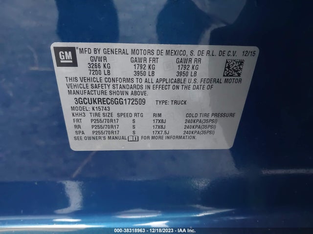 2016 CHEVROLET SILVERADO 1500 1LT VIN: 3GCUKREC6GG172509