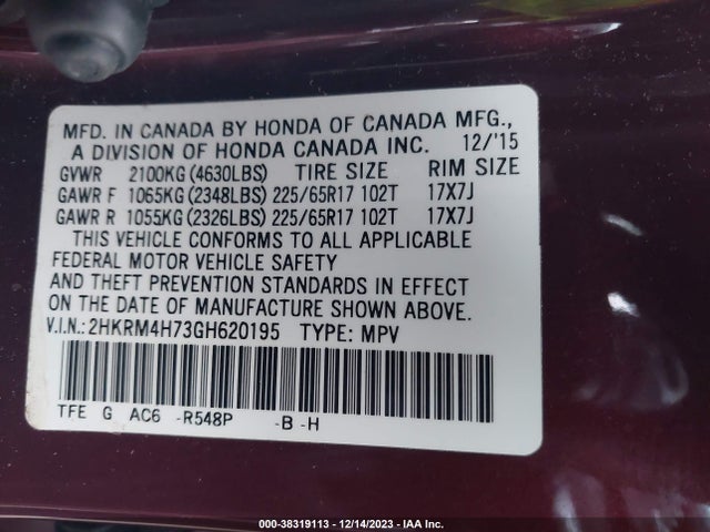 2016 HONDA CR-V EX-L VIN: 2HKRM4H73GH620195