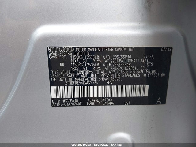 2013 TOYOTA RAV4 LIMITED VIN: 2T3DFREV4DW074497