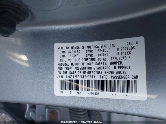 Honda ACCORD LX 2016 1HGCR2F31GA227543 Image 9