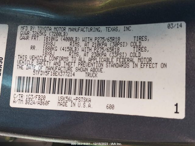 5TFDY5F18EX377214 Toyota Tundra Sr5 5.7l V8