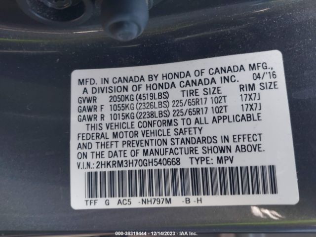 2HKRM3H70GH540668 Honda Cr-v Ex-l