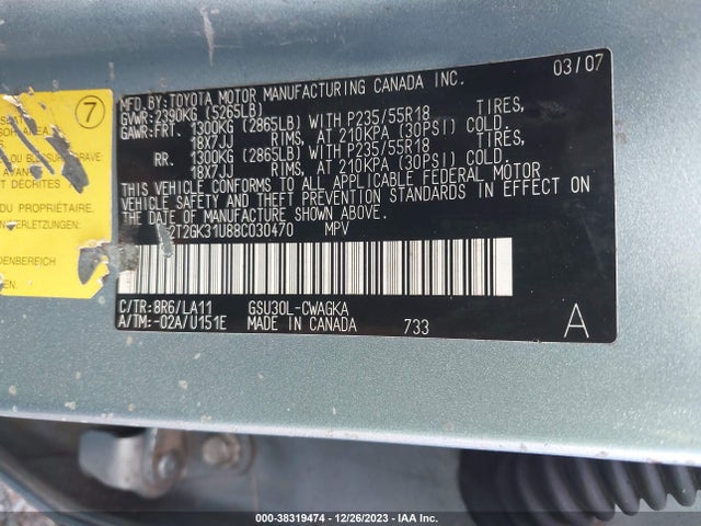2008 LEXUS RX 350 VIN: 2T2GK31U88C030470