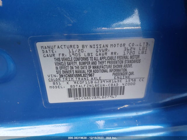 2021 Nissan Versa Sv Xtronic Cvt მანქანა იყიდება აუქციონზე, vin: 3N1CN8EV8ML827967, აუქციონის ნომერი: 38319638