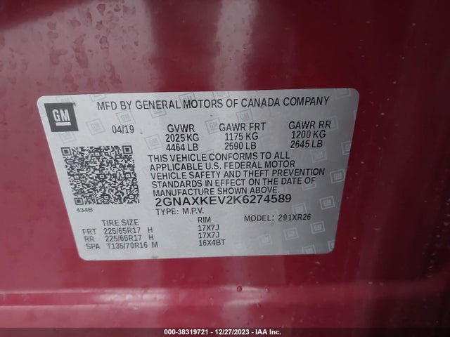 2019 CHEVROLET EQUINOX LT VIN: 2GNAXKEV2K6274589