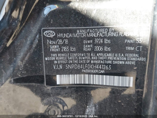2019 HYUNDAI ELANTRA SEL VIN: 5NPD84LF0KH441263