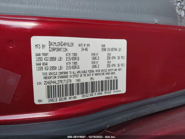 2007 DODGE GRAND CARAVAN SXT VIN: 2D4GP44L37R171270