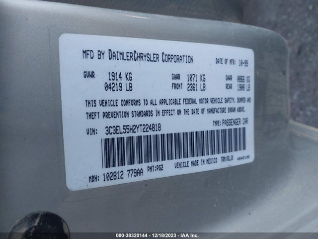 2000 CHRYSLER SEBRING JXI VIN: 3C3EL55H2YT224818